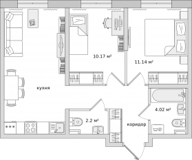 ЖК ЦДС «Новые Горизонты», планировка 2-комнатной квартиры, 54.10 м²