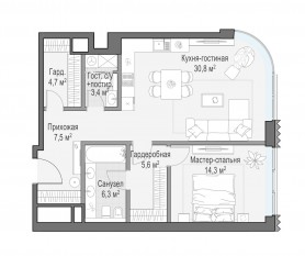 ЖК Дом «Лаврушинский», планировка 1-комнатной квартиры, 72.70 м²