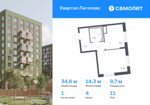 ЖК «Квартал Лаголово», планировка 1-комнатной квартиры, 34.56 м²