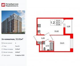 ЖК «Астра Континенталь», планировка 1-комнатной квартиры, 32.01 м²