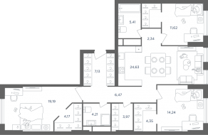 ЖК «Headliner», планировка 4-комнатной квартиры, 111.60 м²