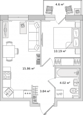 ЖК ЦДС «Новые Горизонты», планировка 1-комнатной квартиры, 33.80 м²
