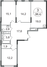 ЖК «Переделкино Ближнее», планировка 3-комнатной квартиры, 86.40 м²