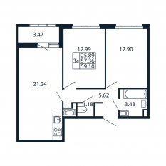 ЖК «Полис Приморский 2», планировка 2-комнатной квартиры, 57.00 м²