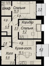 ЖК «Meltzer Hall», планировка 2-комнатной квартиры, 61.30 м²