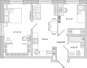ЖК ЦДС «Новые Горизонты», планировка 2-комнатной квартиры, 51.10 м²