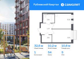 ЖК «Рублевский Квартал», планировка 1-комнатной квартиры, 32.59 м²