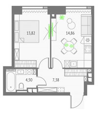 ЖК «Upside Towers», планировка 1-комнатной квартиры, 40.56 м²