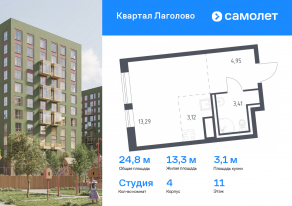 ЖК «Квартал Лаголово», планировка студии, 24.77 м²