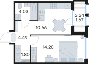 ЖК «GloraX Парголово», планировка 1-комнатной квартиры, 36.93 м²