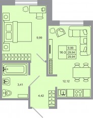 ЖК «Стороны света-2», планировка 1-комнатной квартиры, 29.94 м²