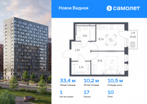 ЖК «Новое Видное», планировка 1-комнатной квартиры, 33.36 м²