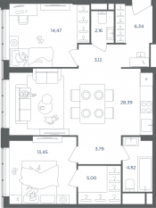 ЖК «Headliner», планировка 3-комнатной квартиры, 81.60 м²