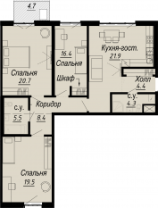 ЖК «Meltzer Hall», планировка 3-комнатной квартиры, 104.98 м²