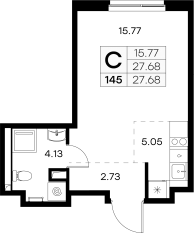 ЖК «GloraX Новоселье», планировка студии, 27.68 м²