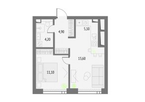 ЖК «Upside Towers», планировка 1-комнатной квартиры, 38.90 м²