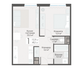 ЖК «Руднева, 15», планировка 1-комнатной квартиры, 45.10 м²