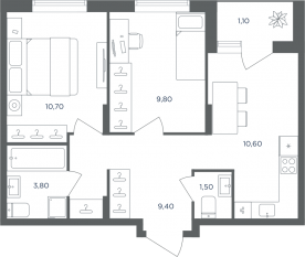 МФК «Равновесие», планировка 2-комнатной квартиры, 45.90 м²