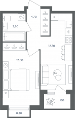 МФК «Равновесие», планировка 1-комнатной квартиры, 35.40 м²