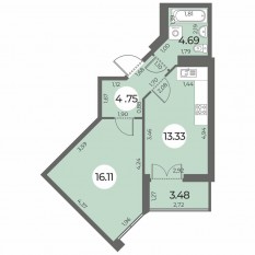 ЖК «Огни Залива», планировка 1-комнатной квартиры, 40.62 м²