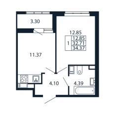 ЖК «Полис Приморский 2», планировка 1-комнатной квартиры, 32.60 м²