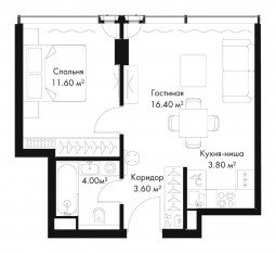 МФК «SLAVA», планировка 1-комнатной квартиры, 39.40 м²