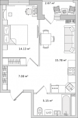 ЖК «Город Первых», планировка 1-комнатной квартиры, 44.81 м²