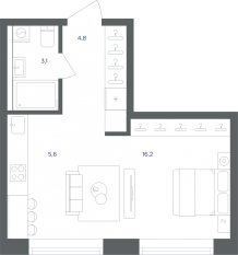 МФК «Равновесие», планировка студии, 29.70 м²