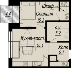 ЖК «Meltzer Hall», планировка 1-комнатной квартиры, 44.00 м²