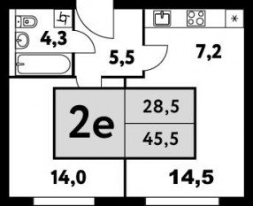 ЖК «Фестиваль парк-2», планировка 2-комнатной квартиры, 45.50 м²