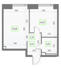ЖК «Upside Towers», планировка 1-комнатной квартиры, 44.70 м²