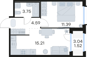 ЖК «GloraX Парголово», планировка 1-комнатной квартиры, 36.46 м²
