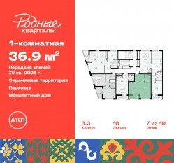 ЖК «Родные кварталы», планировка 1-комнатной квартиры, 36.90 м²