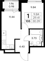 ЖК «GloraX Новоселье», планировка 1-комнатной квартиры, 30.39 м²