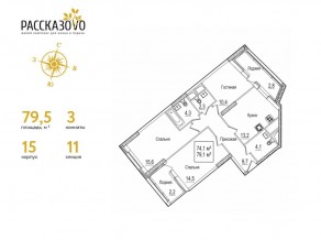 ЖК «Рассказово», планировка 3-комнатной квартиры, 79.50 м²