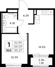 ЖК «GloraX Новоселье», планировка 1-комнатной квартиры, 35.27 м²