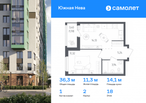 ЖК «Южная Нева», планировка 1-комнатной квартиры, 36.33 м²