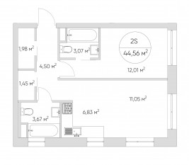 Апарт-комплекс «N'ice loft», планировка 2-комнатной квартиры, 44.60 м²