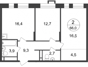 ЖК «Первый Московский», планировка 2-комнатной квартиры, 66.00 м²