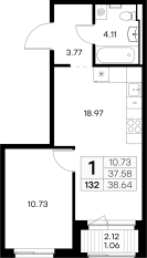 ЖК «GloraX Новоселье», планировка 1-комнатной квартиры, 38.64 м²