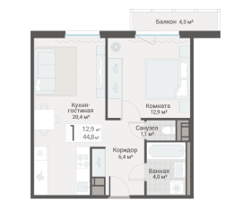 ЖК «Руднева, 15», планировка 1-комнатной квартиры, 44.80 м²