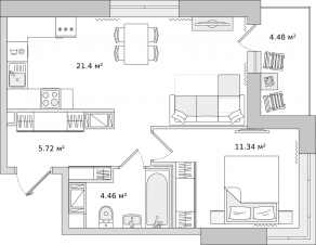 ЖК ЦДС «Новые Горизонты», планировка 1-комнатной квартиры, 42.40 м²