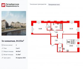 МФК «Imperial Club», планировка 2-комнатной квартиры, 84.05 м²