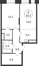 ЖК «Первый Московский», планировка 2-комнатной квартиры, 54.40 м²