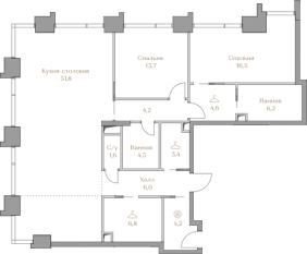 ЖК «Luzhniki Collection», планировка 3-комнатной квартиры, 123.50 м²