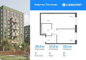 ЖК «Квартал Лаголово», планировка 1-комнатной квартиры, 38.94 м²