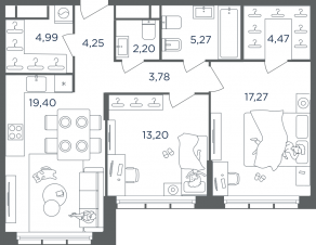 ЖК «Headliner», планировка 2-комнатной квартиры, 75.00 м²