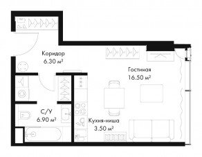 МФК «SLAVA», планировка студии, 33.20 м²