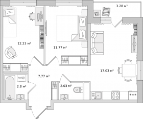 ЖК «Город Первых», планировка 2-комнатной квартиры, 54.10 м²
