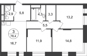 ЖК «Первый Московский», планировка 3-комнатной квартиры, 78.40 м²